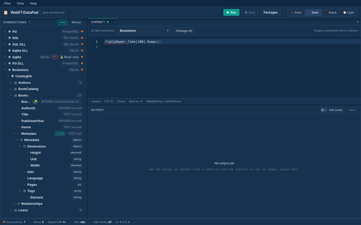 The WebF1 DataPad connections panel with a multi-provider schema tree: PostgreSQL, SQL Server and SQLite connections expanded to tables and columns