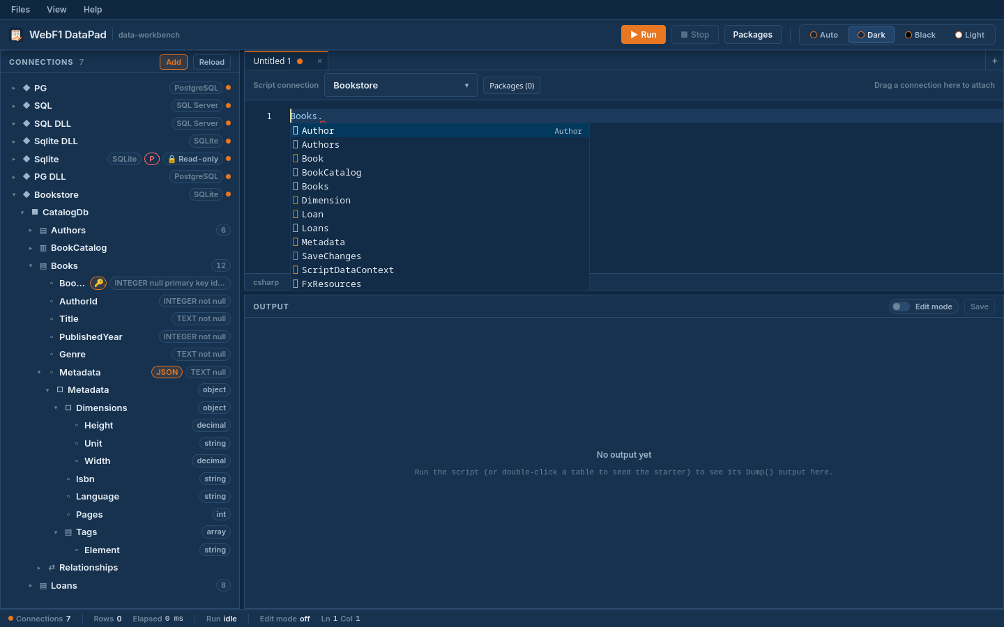 The WebF1 DataPad script editor showing host-backed IntelliSense completion suggestions for a connection's tables and columns