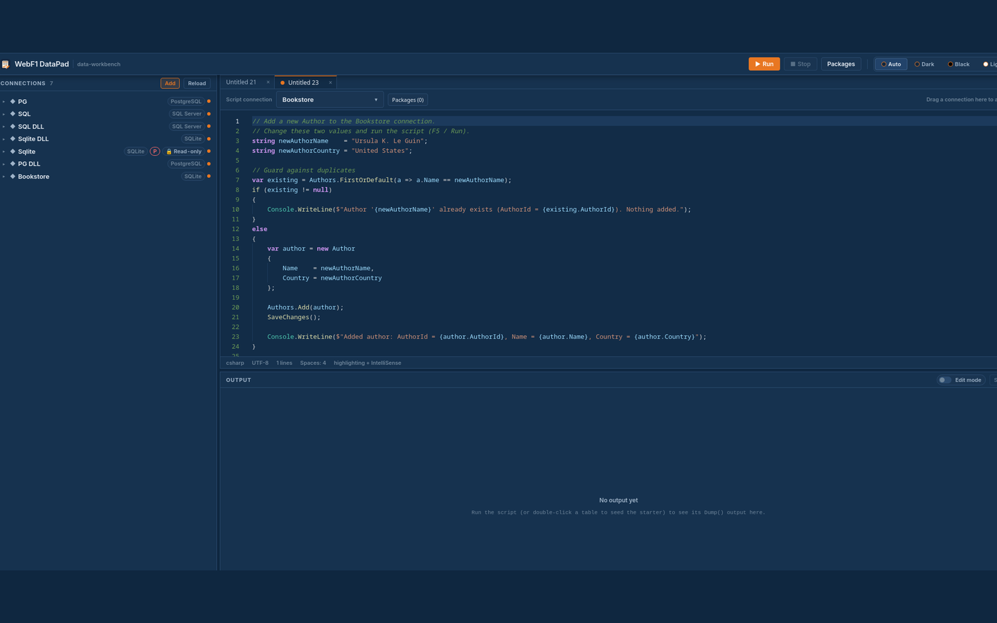 The C# script an AI agent created through the WebF1 DataPad MCP server, opened in the DataPad editor and attached to the Bookstore connection