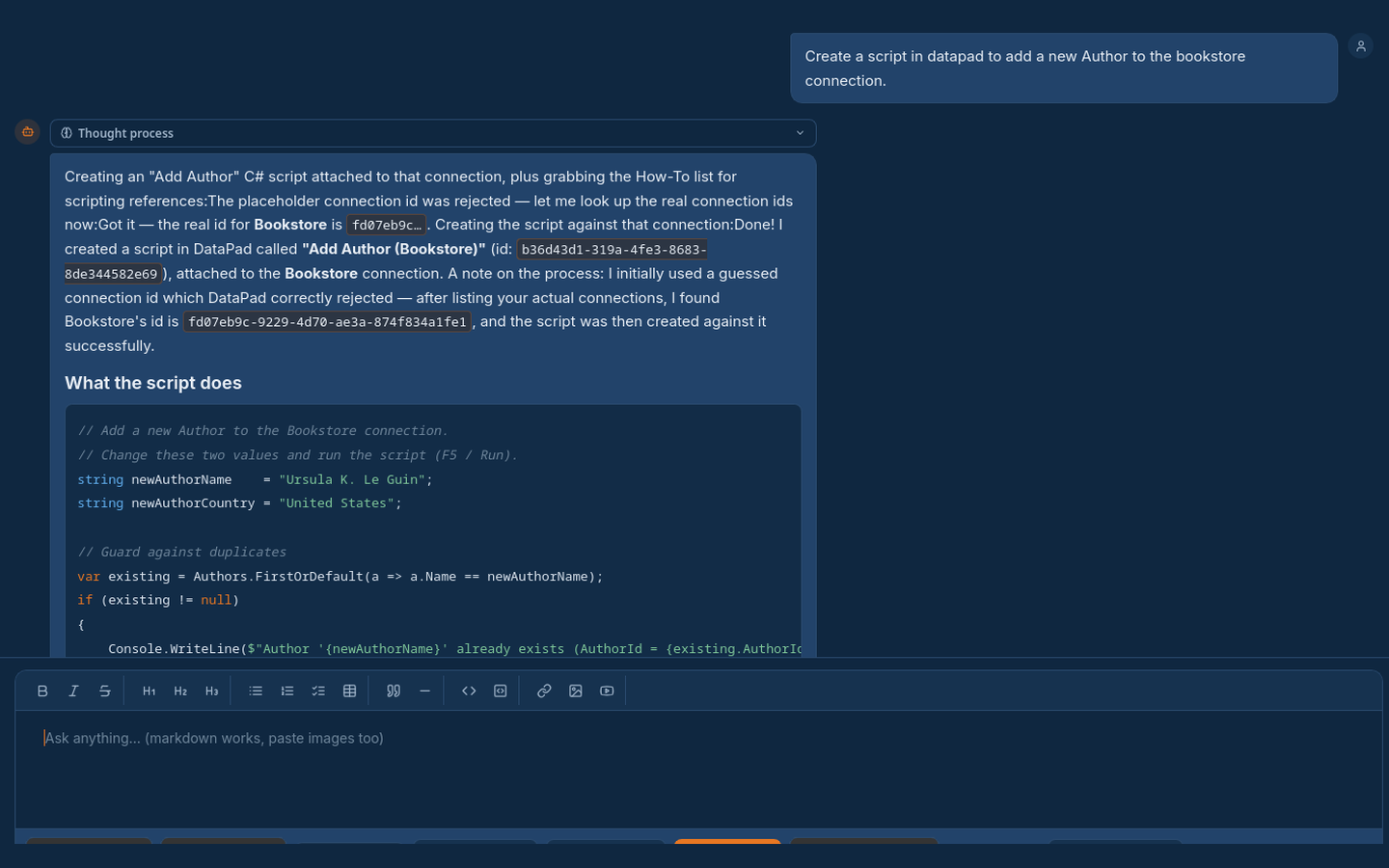 An AI agent session using the WebF1 DataPad MCP server to read connections, schemas and scripts from the workbench
