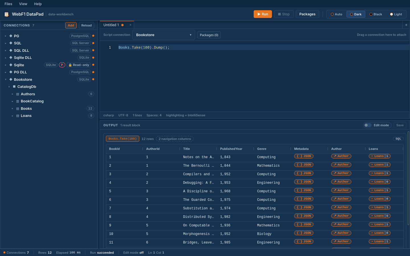 The WebF1 DataPad output pane showing a Dump() table block with live rows in the result grid
