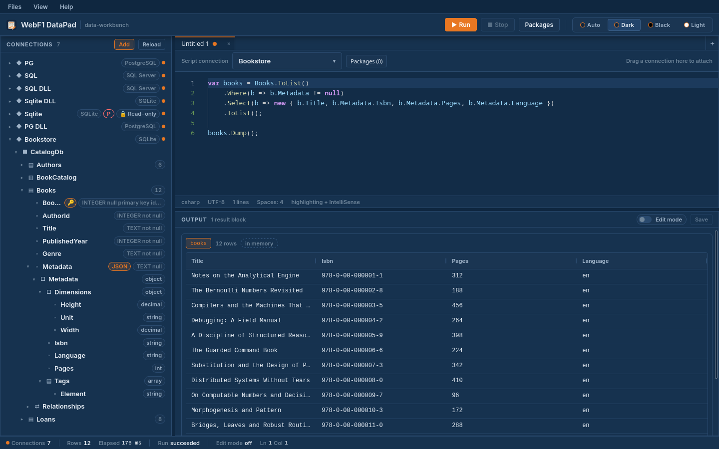 A C# script in WebF1 DataPad reading a JSON column and dumping its parsed properties into the output pane